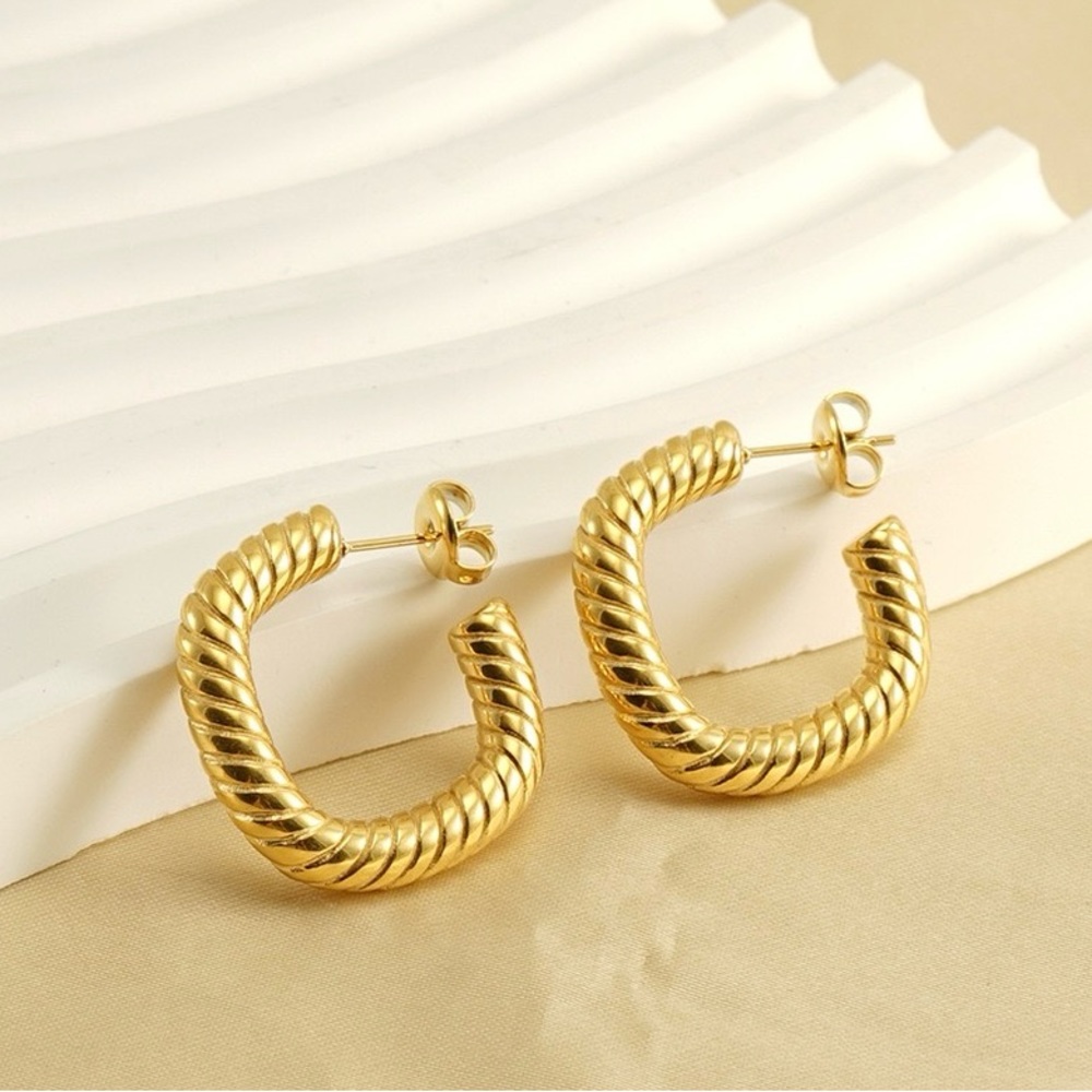 Gold Textured Square Hoop Earrings*Waterproof and Sweatproof